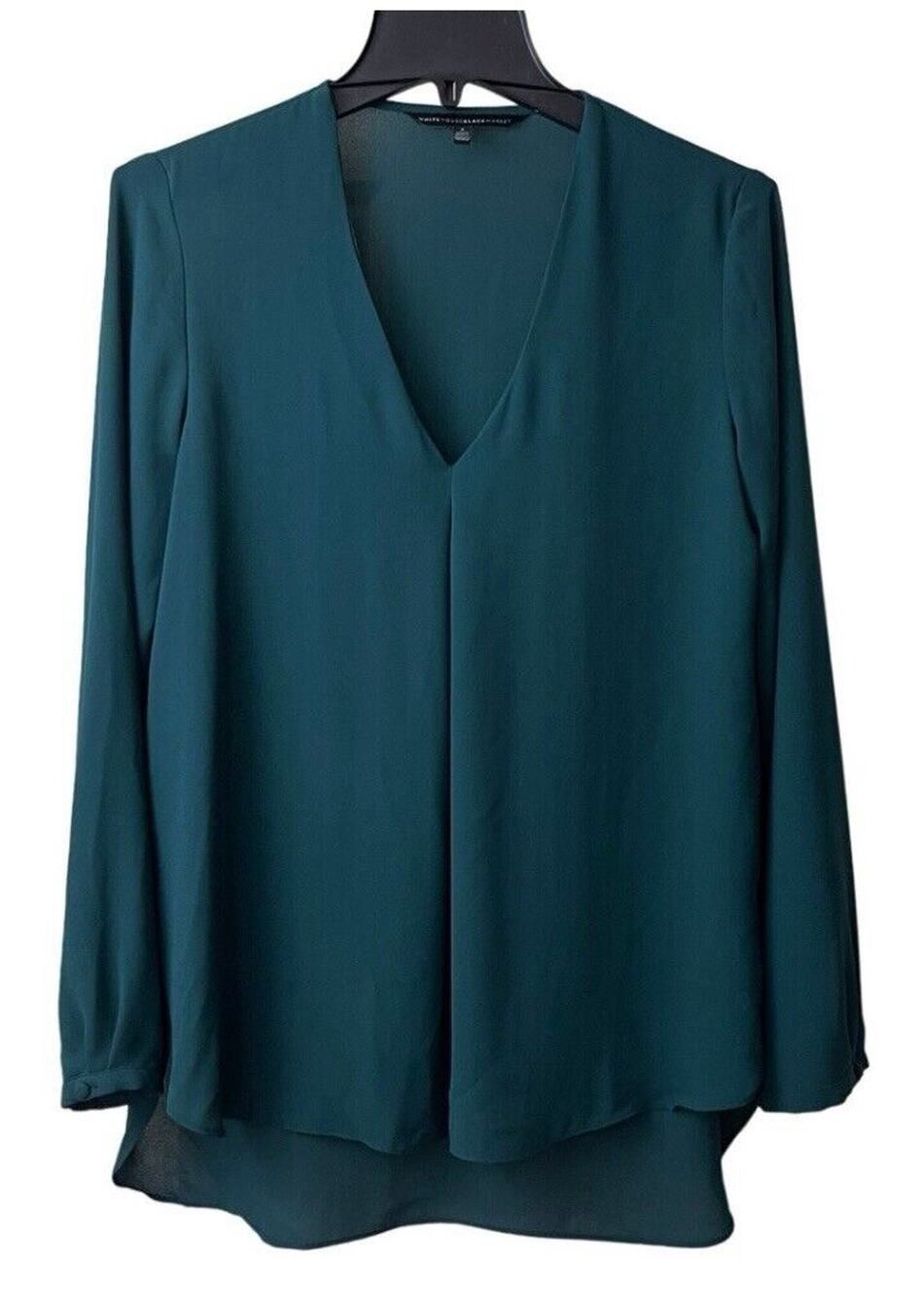 White House Black Market Blouse Womens Size 2 Green Pleated V Neck High Low Hem